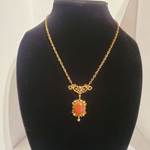 Vintage LJM Brown Confetti Glass Cabochon Pearl Pendant Necklace